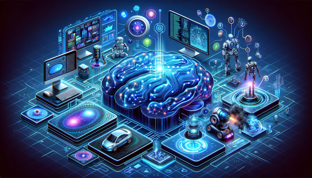 Représentation artistique d'un cerveau électronique bleu lumineux au centre de divers éléments de technologie avancée, y compris des robots et des dispositifs interactifs, symbolisant l'intégration de l'intelligence artificielle.