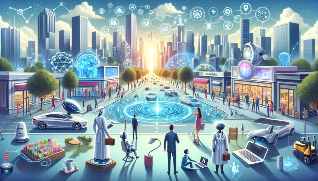 L'image représente une vision futuriste d'une ville animée avec des gens et des robots interagissant au sein d'un environnement urbain moderne. Les bâtiments sont hauts et stylisés, et des véhicules futuristes circulent sur des routes intégrées de technologies avancées. Le ciel est parsemé de symboles et d'icônes indiquant une connectivité omniprésente, tandis que divers gadgets et robots semblent faciliter la vie quotidienne des citadins.