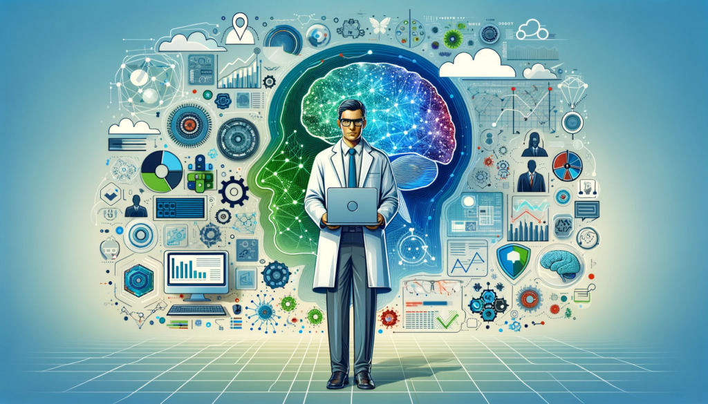 Illustration d'un professionnel en tenue de laboratoire tenant un ordinateur portable, avec un cerveau humain scintillant à sa droite et une multitude d'icônes technologiques et de données analytiques l'entourant, évoquant l'analyse de données et l'intelligence artificielle.